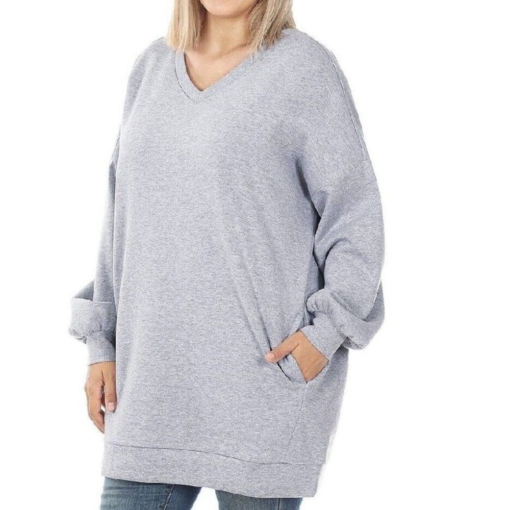 Zenana V Neck Sweatshirt Tunic OVERSIZED Long Line Casual Basic Gray Plus 2X
